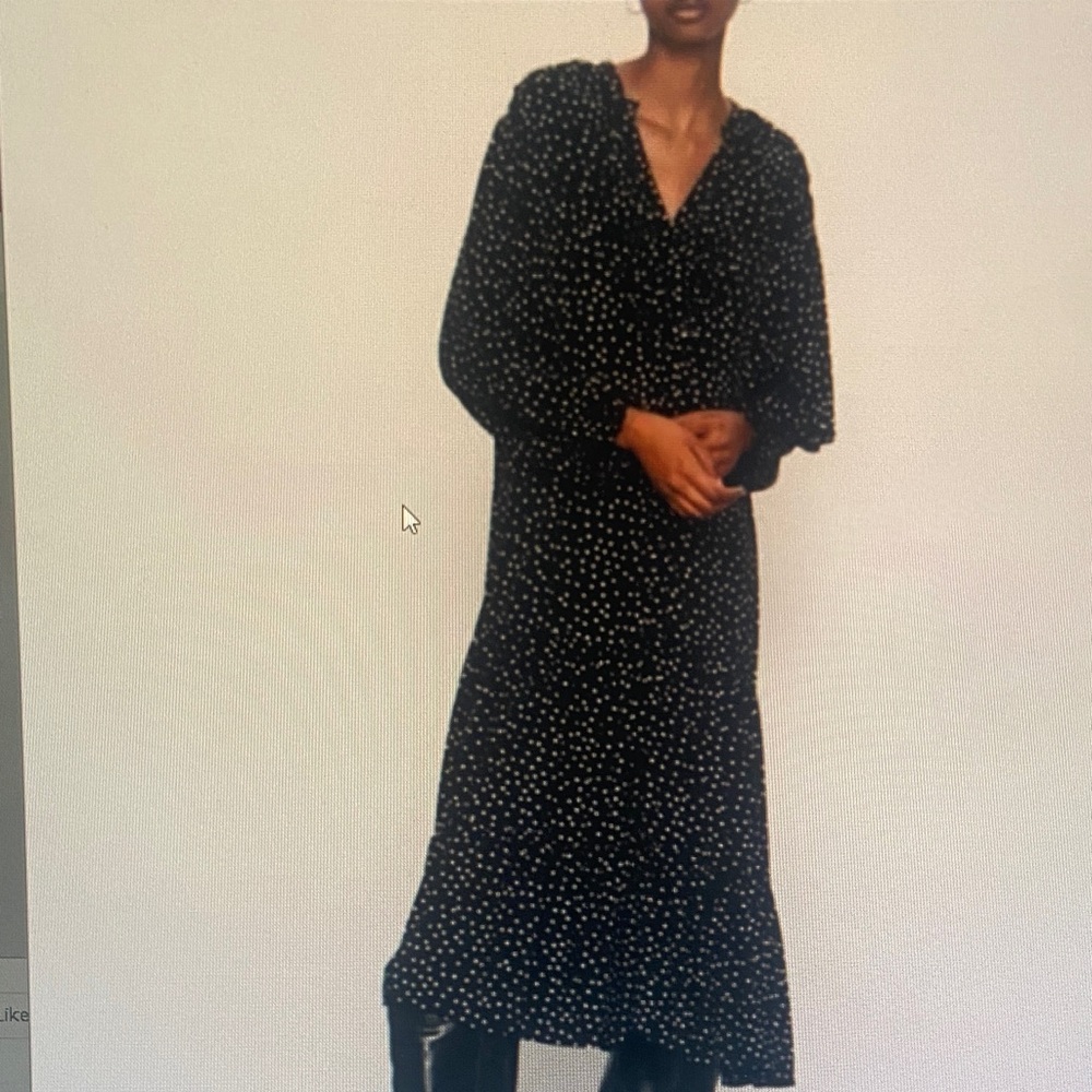Zara Polka Dot Midi Dress Button Front Loose Flowy Black White Long Sleeves